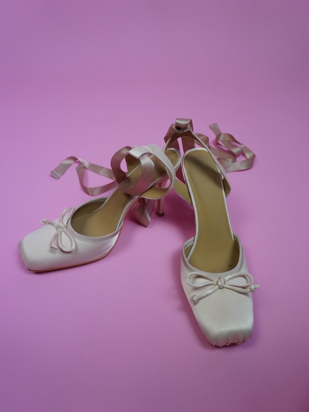 Ballerina Elegant Ivory Satin Ankle-Tie Heels with Bow Accent